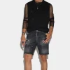 Ripped Leather Wash Marine Denim Shorts