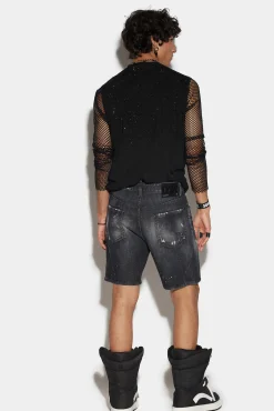 Ripped Leather Wash Marine Denim Shorts