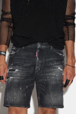 Ripped Leather Wash Marine Denim Shorts