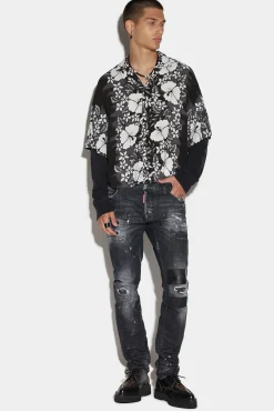 Ripped Leather Wash Slim Jeans