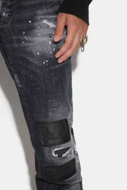 Ripped Leather Wash Slim Jeans